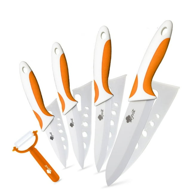 Myvit Ceramic Knives with Sheaths Covers 6" Kitchen Chef Knife 3" 4" 5" Paring Knife Slicer with Peeler Multicolor Soft-Grip Handle