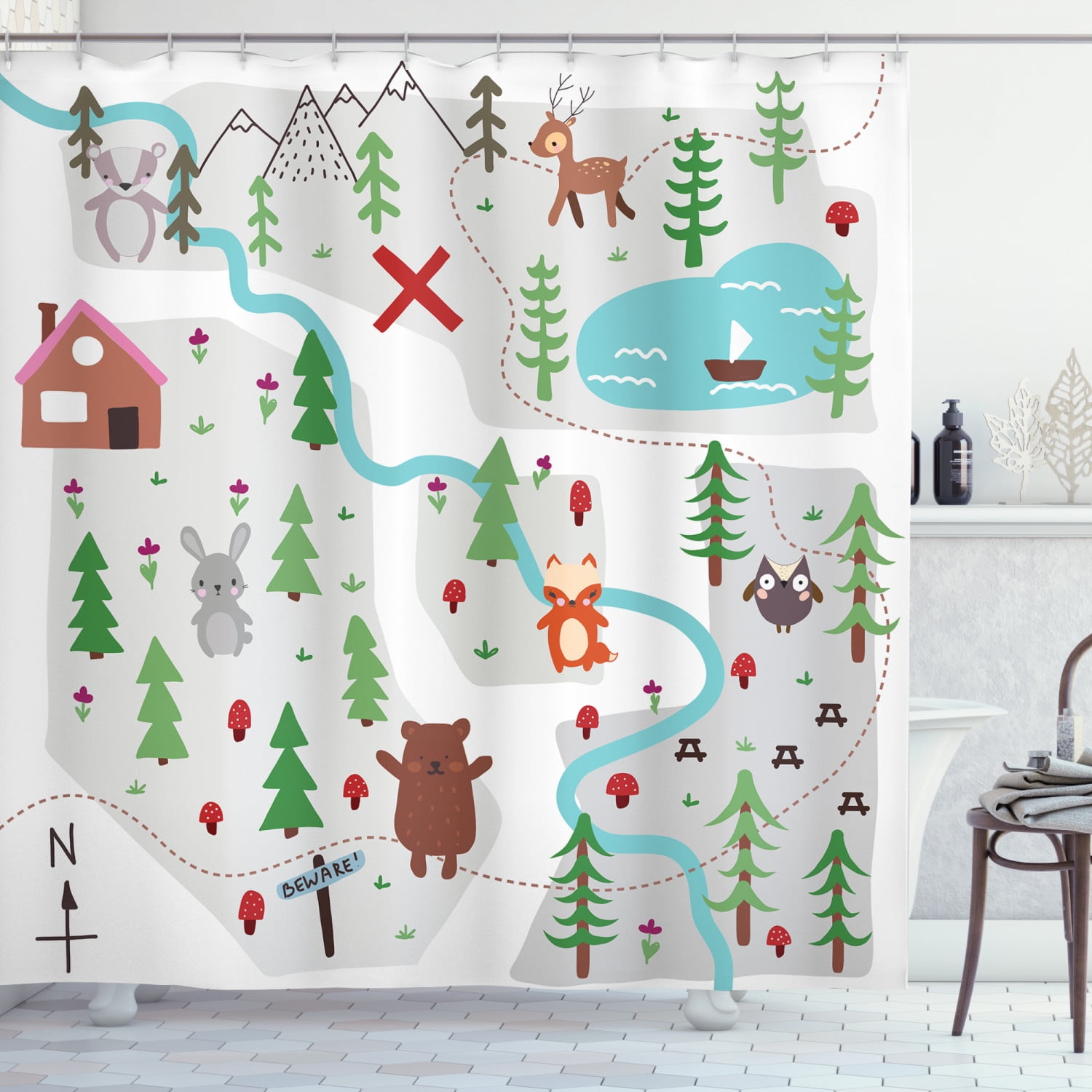 Nursery Shower Curtain, Composition of Nature with Woods Animals and