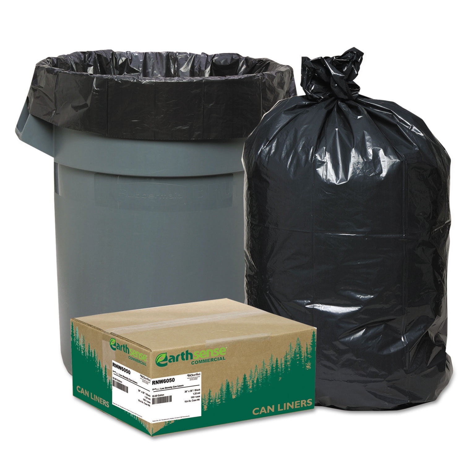 Earthsense Commercial Recycled Can Liners 55-60gal 1.25mil 38 x 58 Black 100