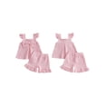 thumbnail image 2 of BemeyourBBs Kids Toddler Baby Girls Summer Clothes 2 Pieces Waffle Knit Striped Fly Sleeve Bow Camisole Tank Top with Ruffle Shorts Set, 2 of 9