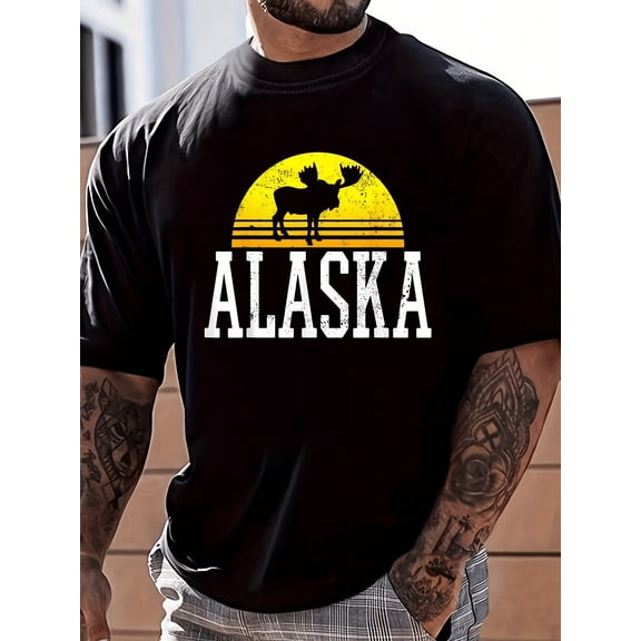 Retro Alaska Moose T-Shirt Vintage Sunset Nature Lover Graphic Tee Men's Outdoors Souvenir Apparel
