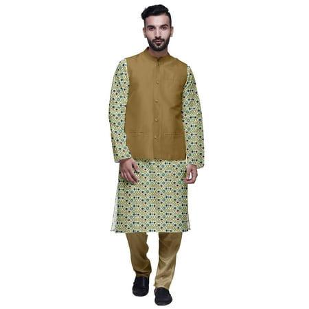 

Atasi Printed Kurta With Solid Pajama & Nehru Jacket Set For Mens Party Wear