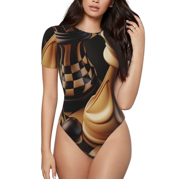 Women Bodysuits Short Sleeve Body Suits Basic Top Casual T Shirts, Chess Pieces Vintage