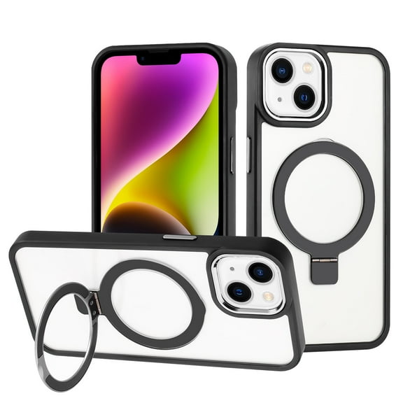 For Apple iPhone 15 Plus 6.7" Transparent Crystal Magnetic Rind Stand Car Mount Holder Magsafe Wireless Charging Shockproof Hybrid Case Cover Black