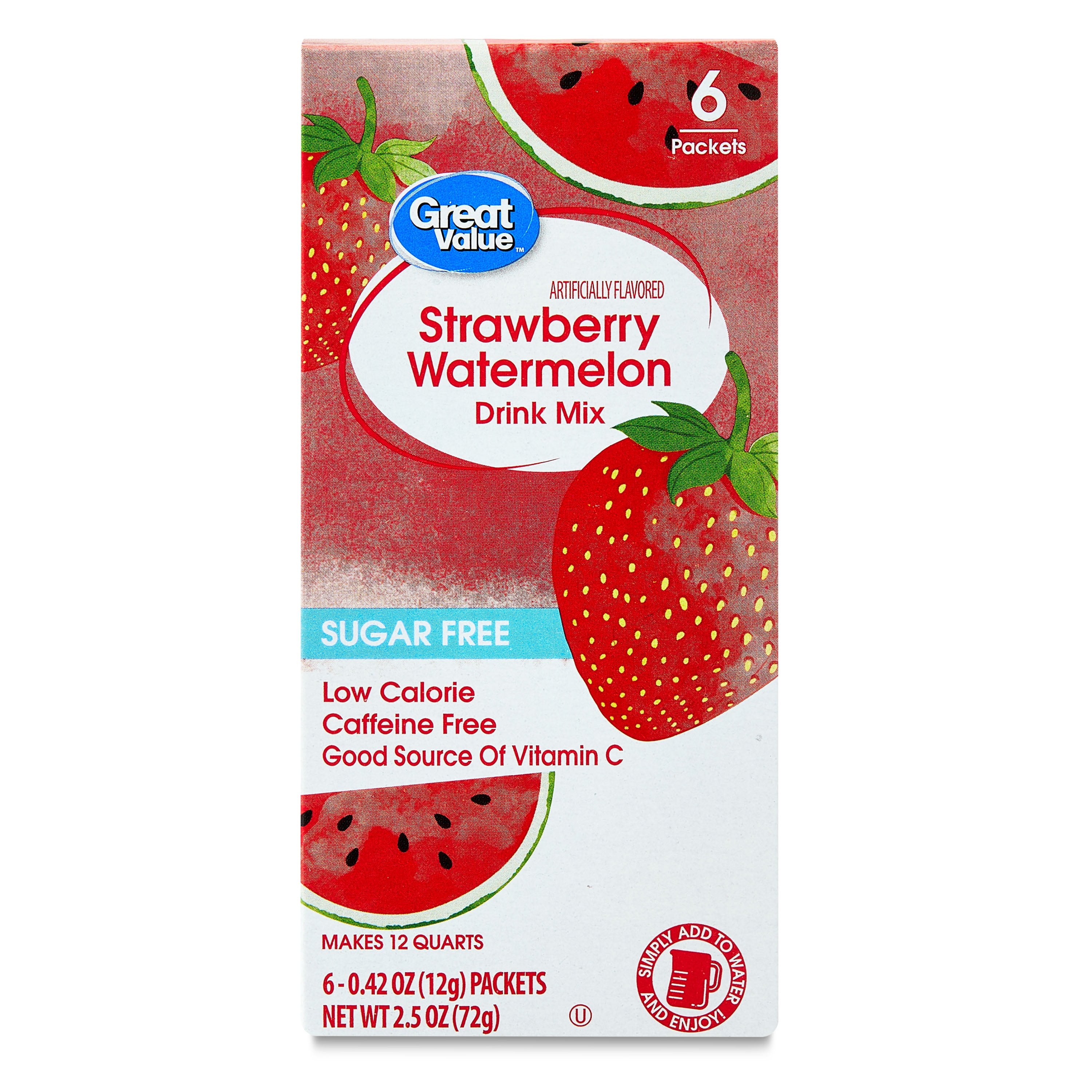 (12 pack) Great Value Sugar-Free Strawberry Watermelon Powdered Drink Mix, 0.42 oz, 6 Packets