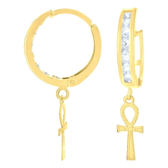 10k Yellow Gold Mens Cubic-Zirconia Ankh Cross Dangle Hoop Earrings