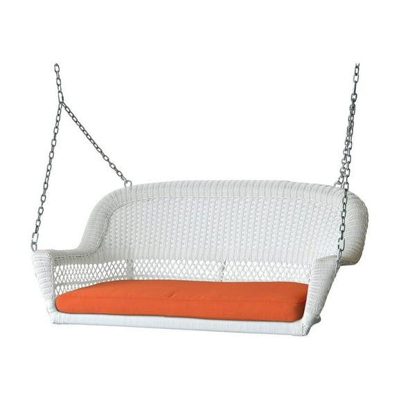 Jeco White Resin Wicker Porch Swing with Orange Cushion