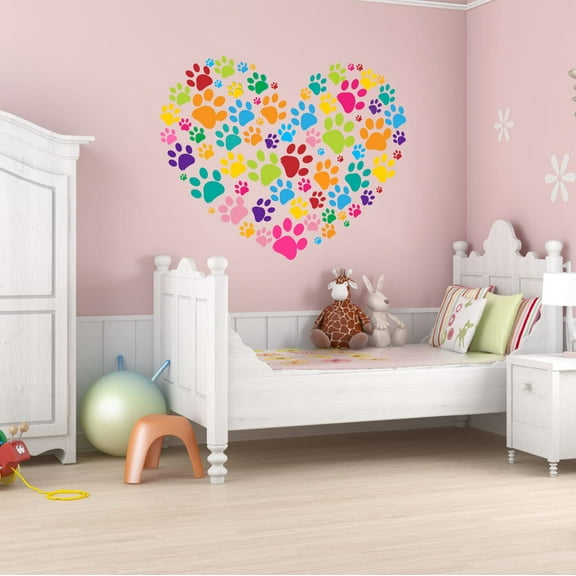 Animal Wall Decal Multi-colored Paw Prints In Heart Shape Bedroom Wall Decal for Children Dog Cute Themed Room Décor - Size: 10 In x 9 In
