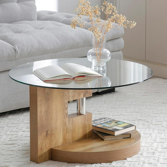 Glass Coffee Table 31.5" Round Center Table for Living Room, Glass Top and MDF Base Farmhouse 2-Tier Small Dining Table for Home Office Dining,Natural