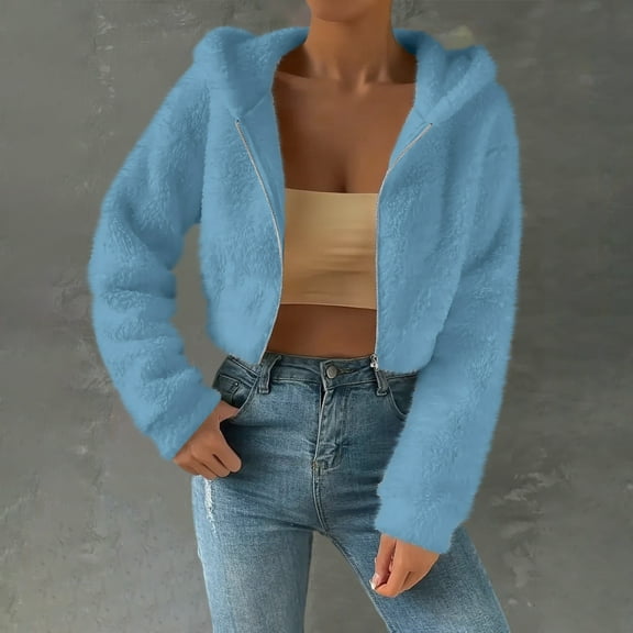 Womens Oversized Cropped Jacket Fuzzy Fleece Zip up Hoodies with Pockets Warm Fall Outfits Winter Coats New Light Weight Jackets Womens Plus Size Light Blue M