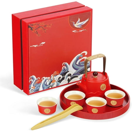 ShengRui Travel Ceramic Tea Set Gift Box Mountain Sculptured Design Gongfu Tea Service  6 Tea Cups  Tea Canister  Lifting Teapot with Portable Bag for Picnic  Green