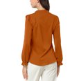 thumbnail image 4 of MODA NOVA Juniors Ruffled Trim Button Down Stand Collar Long Sleeve Blouse Top Caramel M, 4 of 7