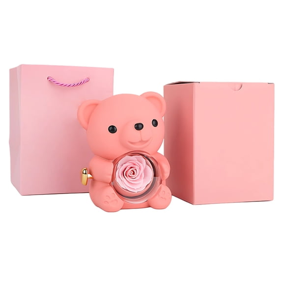 Rose Bear Gift Box with Eternal Flowers, Charming Pink Rose Bear for Girlfriend, Ideal Valentines Day Gifts, Delightful Jewelry Holder, Includes Gift Bag