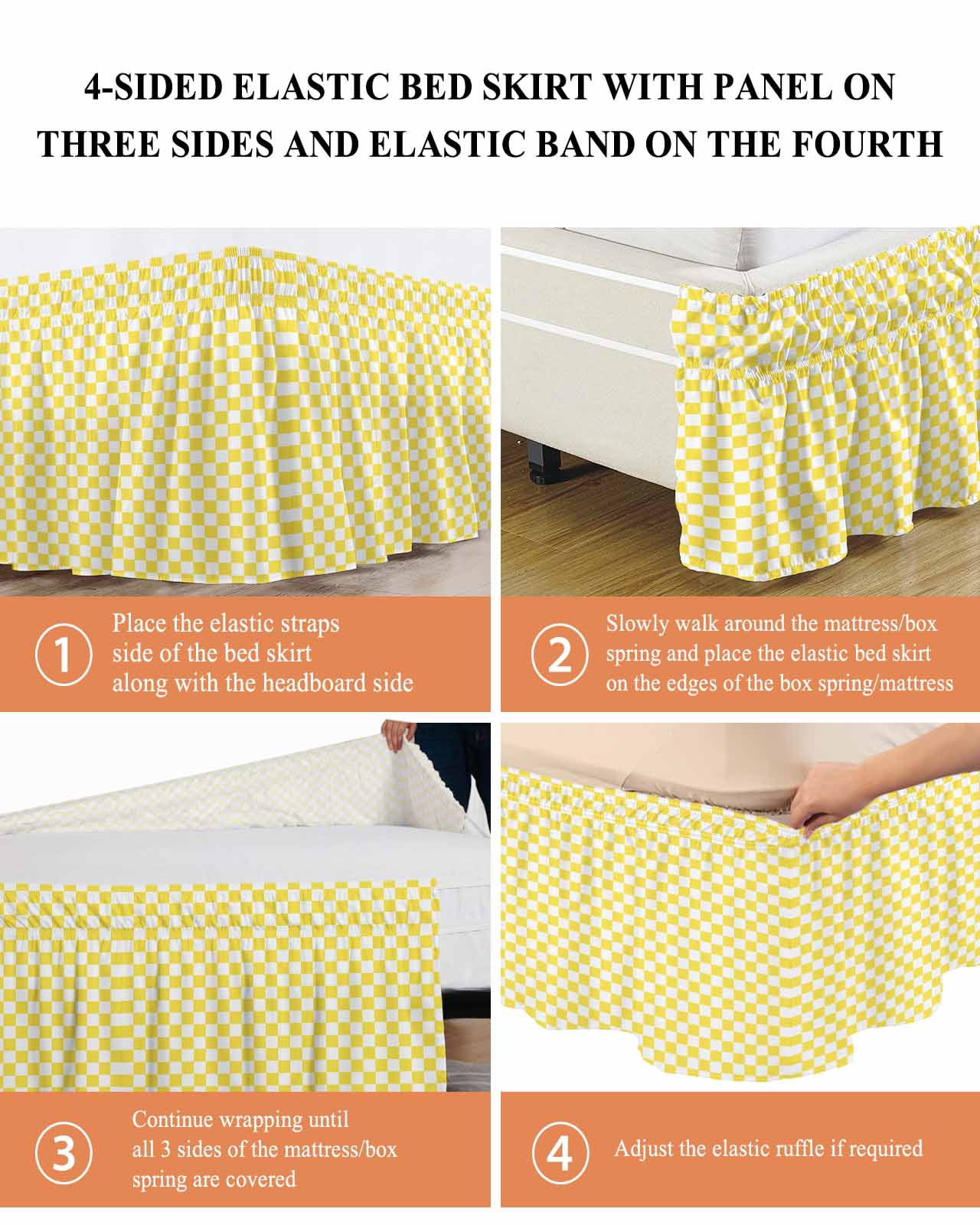 Yellow White Plaid Wrap Around Bed Skirts for Queen Bed 18" Drop,Bed Skirt with Adjustable Elastic Belt Dust Ruffle Bed Valance for Bedroom Hotel Modern Retro Geometric Checkered Bed Frame Cover