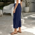 thumbnail image 4 of LEAVINGSUO Linen Pants for Women Solid Color Casual Decorative Button Drawstring Capri Trousers Navy XL, 4 of 8