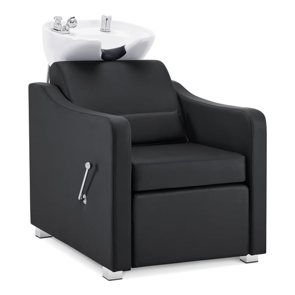 BarberPub Backwash Shampoo Station Chair, Adjustable Porcelain Ceramic Hair Wash Bowl with Chair, Reclining Shampoo Station for Barber Shop, Spa Beauty Salon Equipment 9364 (Black)