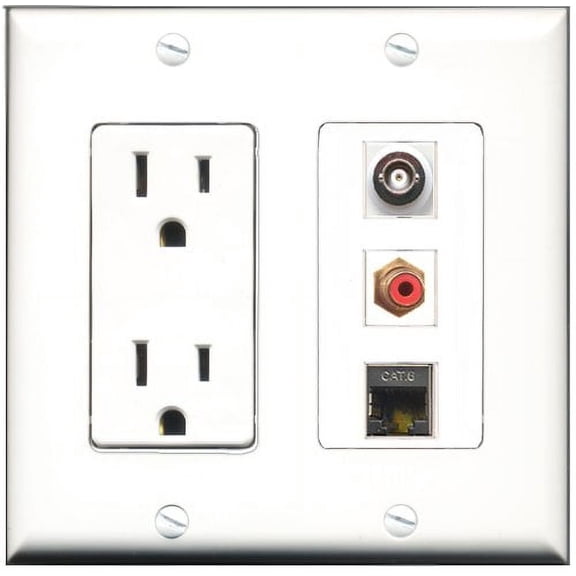 RiteAV - 15 Amp Power Outlet 1 Port RCA Red 1 Port Shielded Cat6 Ethernet Ethernet 1 Port BNC Decorative Wall Plate