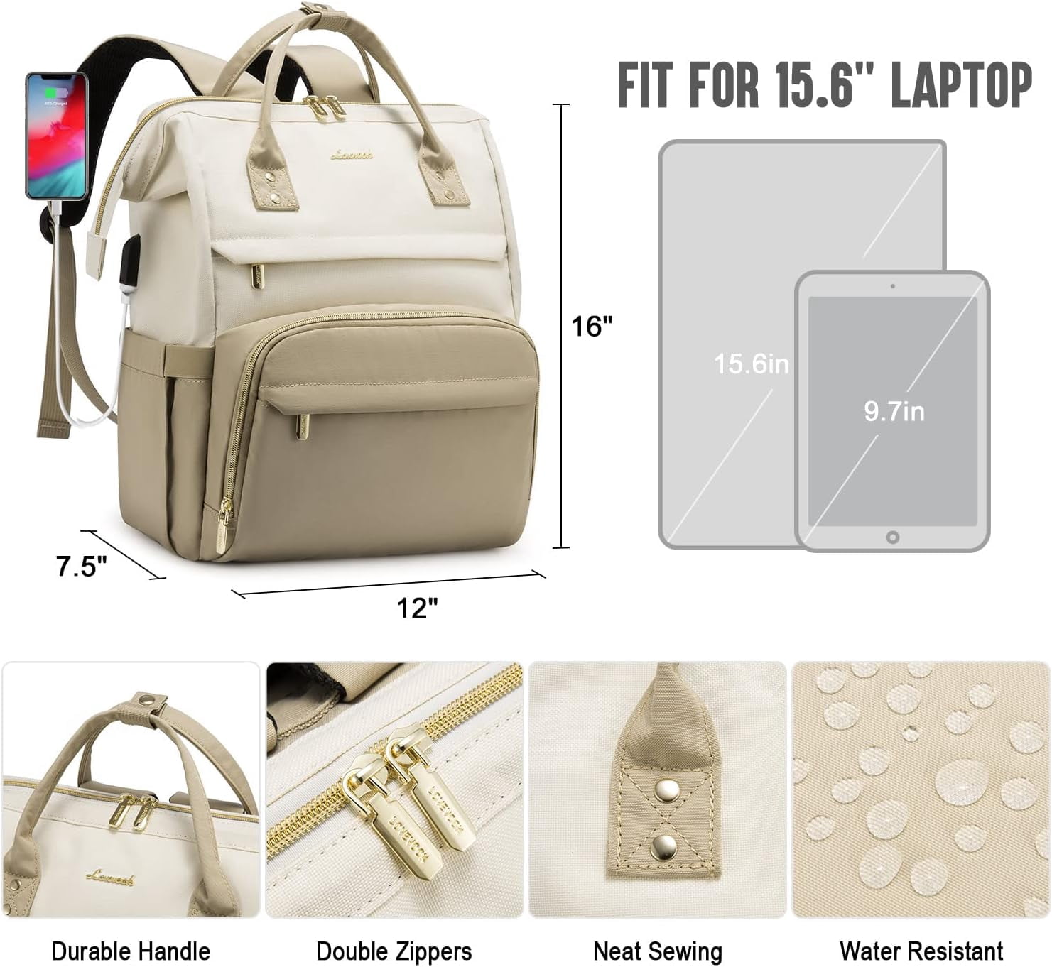 Lovevook Laptop Bag 15.6",Women Work Computer Bag Teacher Nurse Backpack Purse with USB,Waterproof Travel Backpack College Bookbag(Beige-Khaki)