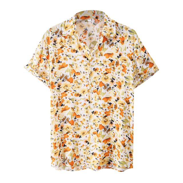 Camisas Casuales Para Hombre Hombres moda casual verano ocio playa vacaciones flor camisa manga corta camisa (Yellow, XXL)