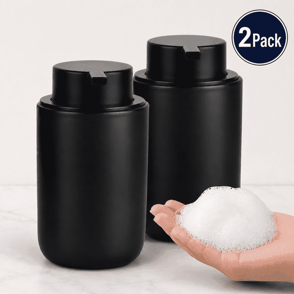 Bosilunlife 2Pcs 12oz Foaming Soap Dispenser, Matte Ceramic Lead-free, Foam Soap Dispenser for Bathroom, Recyclable Dish Soap Dispenser for Kitchen (Black)