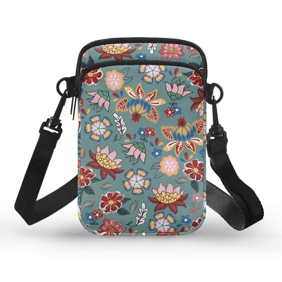 HELLHERO Vibrant Floral Mix Crossbody Sling Bags 2 Zippers Polyester Adults 4.33x1.97x7.09 for Outdoor Daily Use