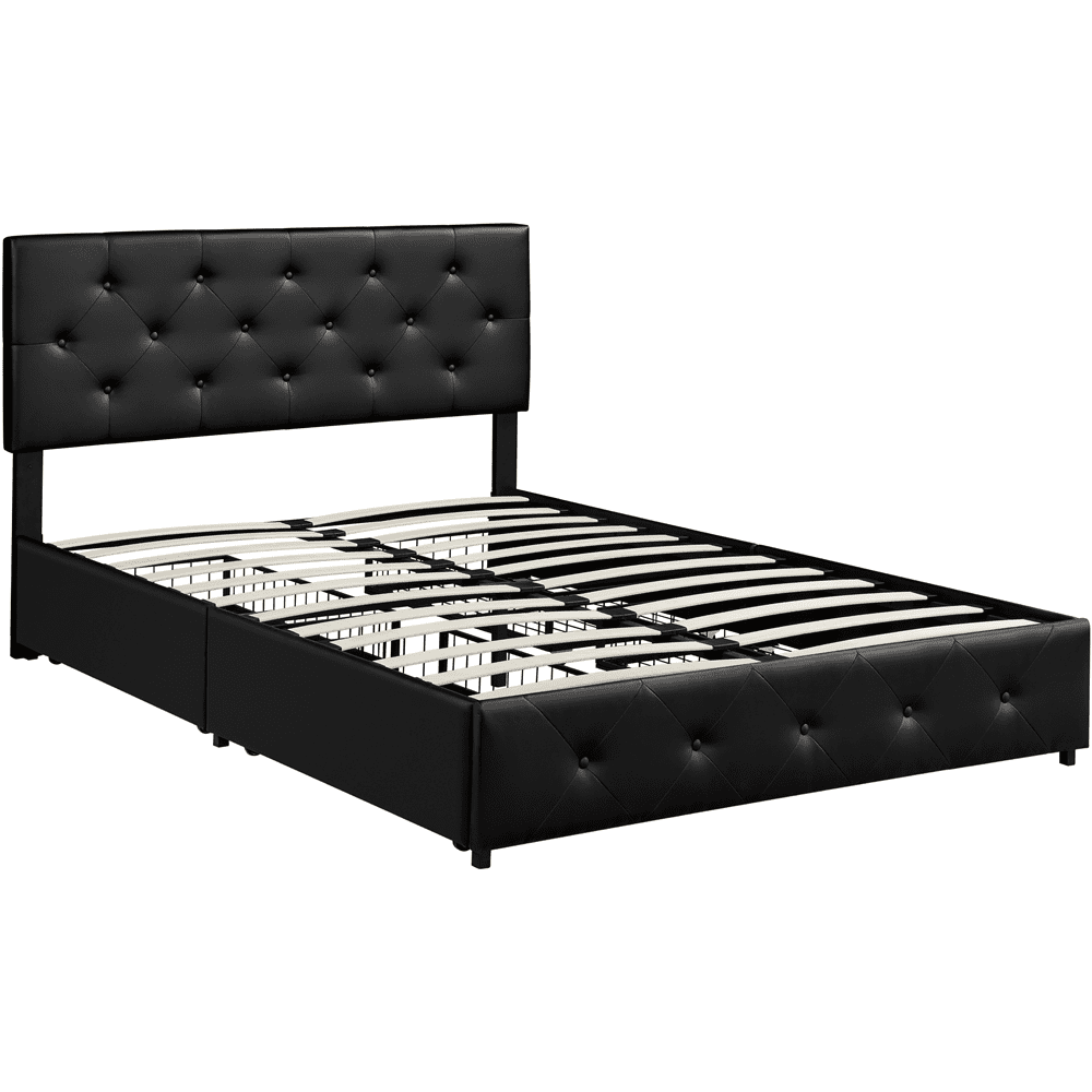 Renwick Diamond Button-Tufted Upholstered Platform Bed with Storage, Adult, Black, Queen