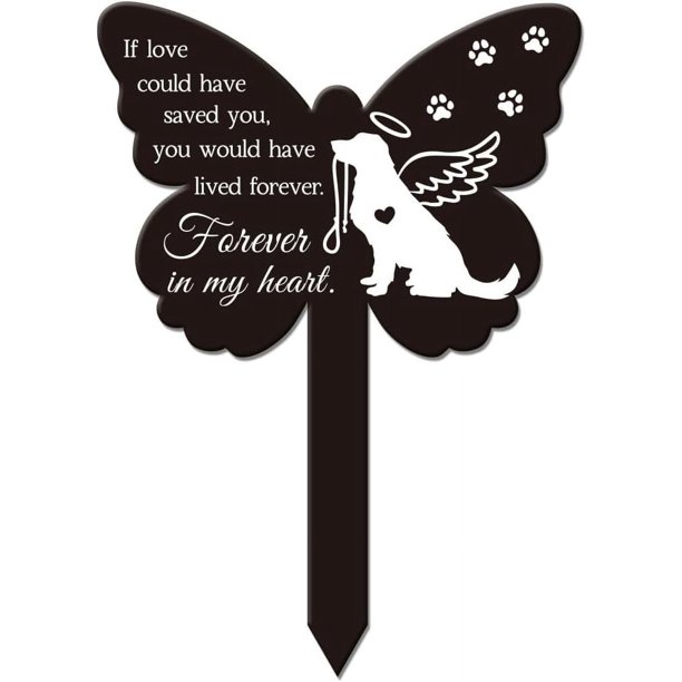 Estaca de jardín con forma de ángel y perro en forma de mariposa, placa conmemorativa para cementerio, estaca de acrílico para tumba, estaca de jardín impermeable para condolencias, estaca para