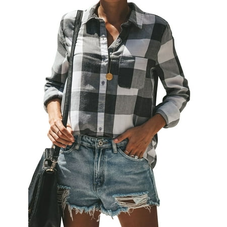 - Roykit Women Roll Up Sleeve Buttons Classic Lapel Pocket Plaid Shirt Blouse