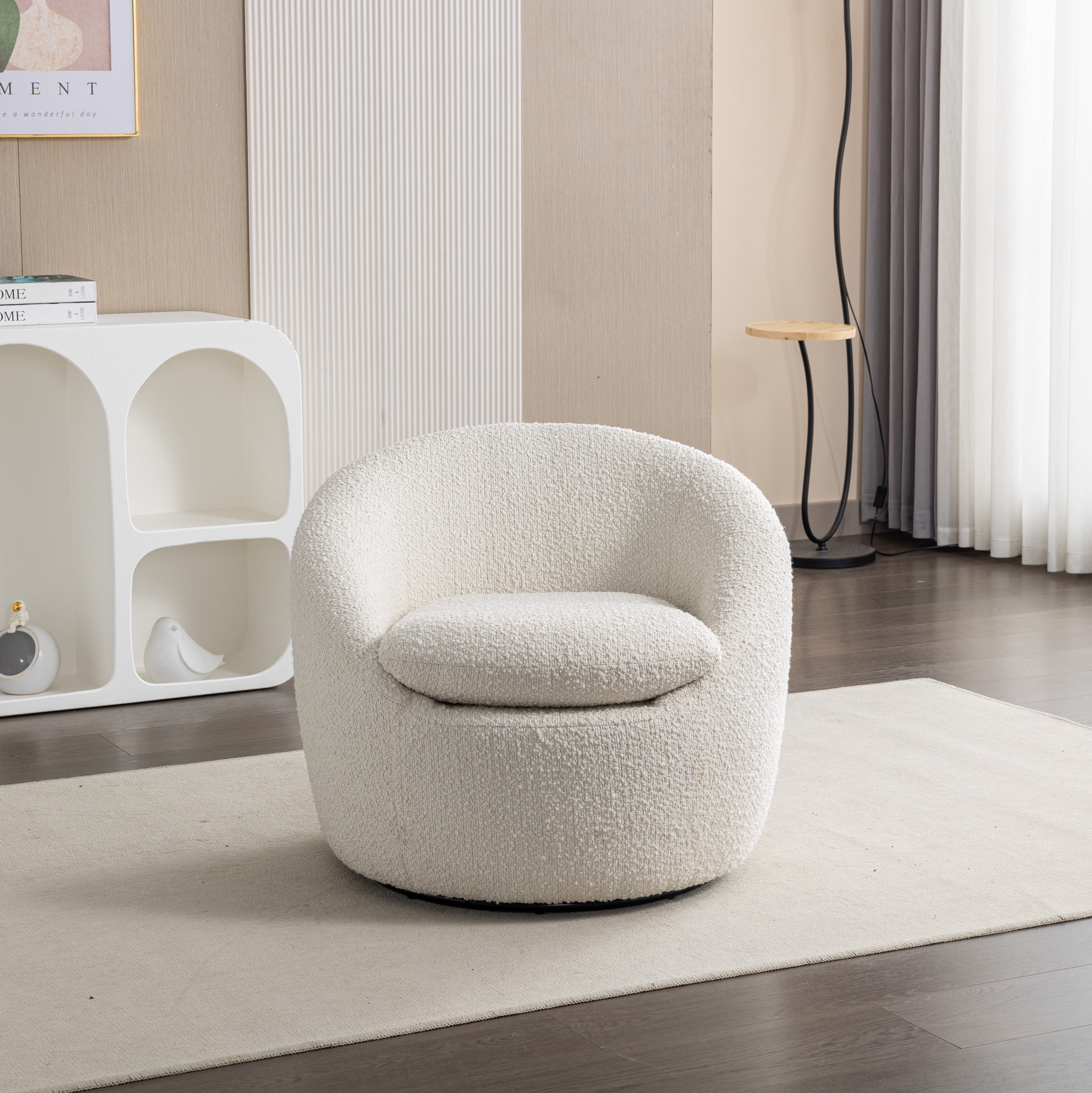 Roundhill Furniture Winnie Modern Teddy Boucle Fabric Barrel Chair, 360 Degree Swivel, White