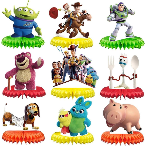 Toy Story Themed Toy Adventures Squad Honeycomb Cake Toppers - 3D Cartoon Paper Table Decorations for Kids Birthday Party Supplies, 9 Pieces
