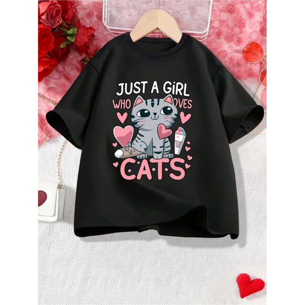 Camiseta de algodón con estampado de gato para niña, cuello redondo, manga corta, tejido de punto, corte regular, para todas las estaciones.