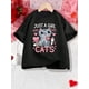 thumbnail image 1 of Camiseta de algodón con estampado de gato para niña, cuello redondo, manga corta, tejido de punto, corte regular, para todas las estaciones., 1 of 6