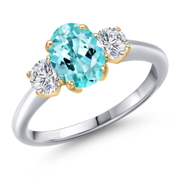 Gem Stone King 925 Silver and 10K Yellow Gold Blue Apatite and Lab Grown Diamond Engagement Ring for Women | 1.74 Cttw | Oval 8X6MM | Gemstone Birthstone | Size 8