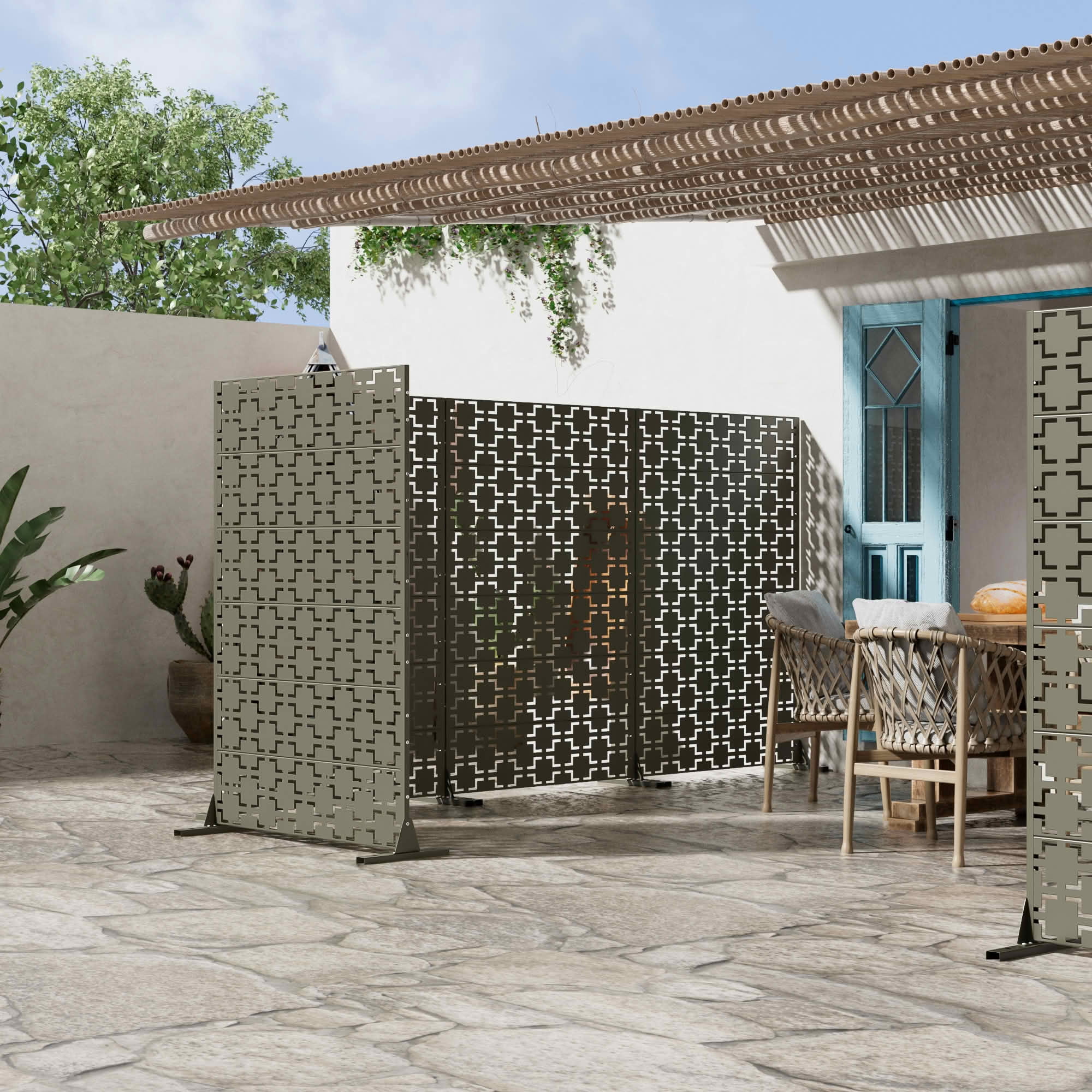 MAYEERTY 72x47x16 Inch Olive Gray Galvanized Steel Privacy Screen, 6 Piece Set for Outdoor Garden