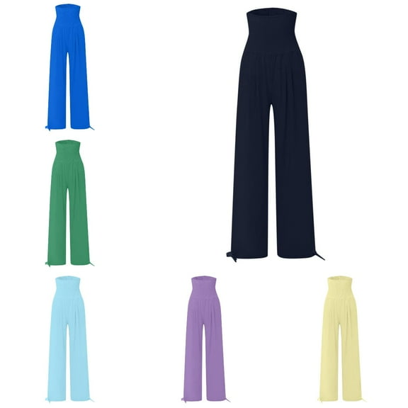 Babcutegg Womens Casual Pants Side Pockets High Waist Wide Leg Soild Color with Drawstring Fall and Winter Trousersfor Women Navy Size L