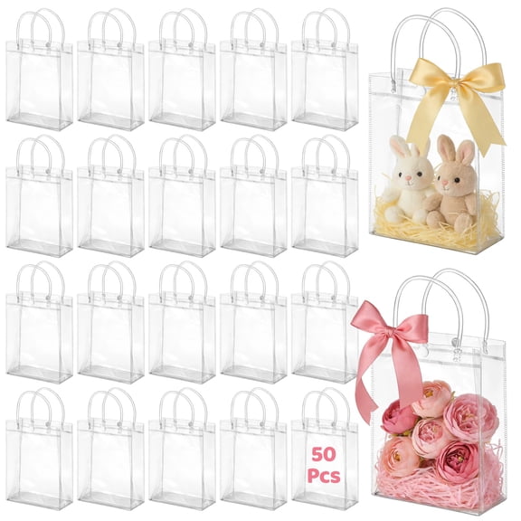 50 PCS Clear Gift Bags with Handle, PVC Reusable Tote Bags with Button Closure, Transparent Gift Wrap Goodie Bags for Party Favors, Candy, Toys, Weddings, Birthdays