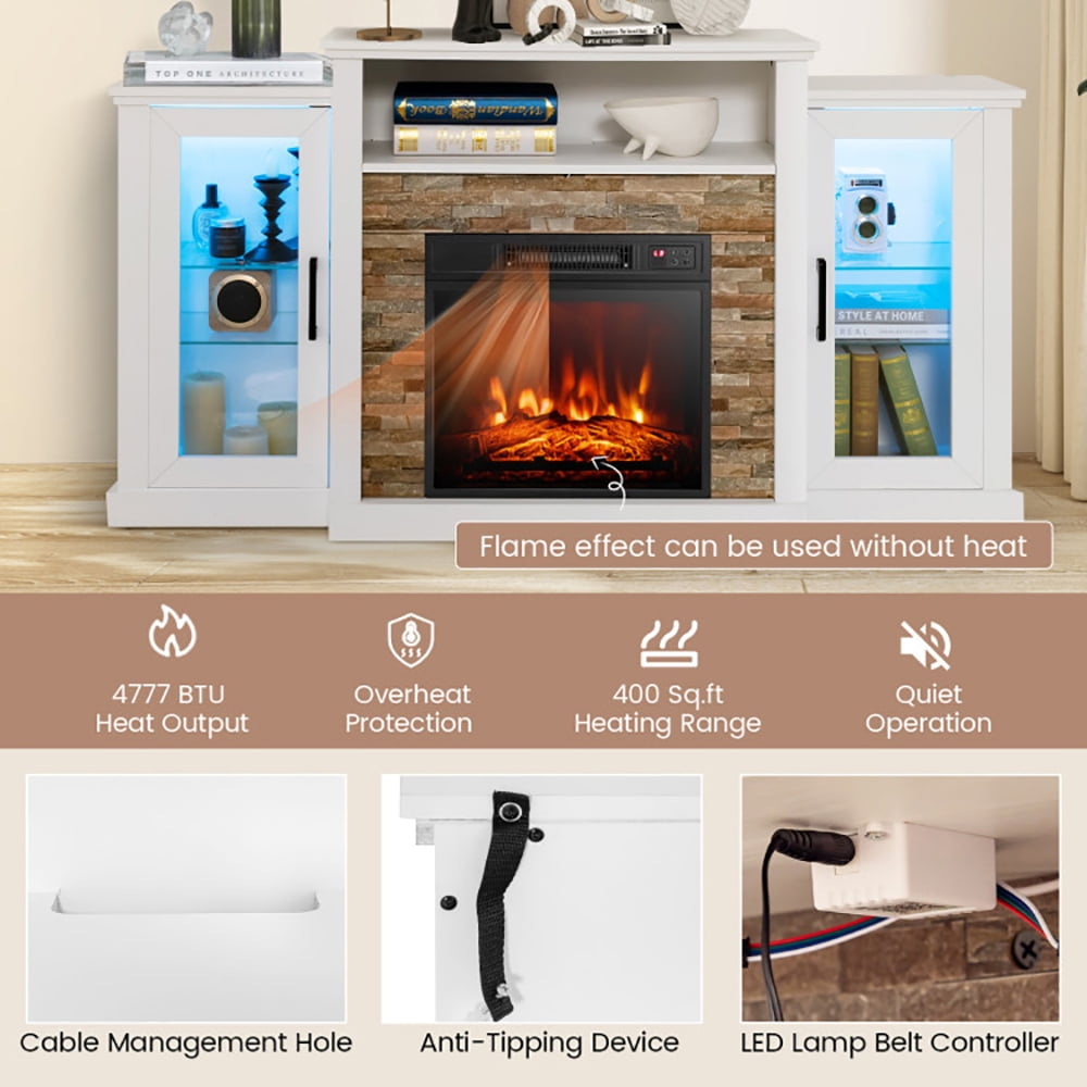 Finihen TV Stand, TV Cabinet, Fireplace TV Stand with 16-Color Led Lights for TVs up to 65 Inch, for Living Room, Bedroom, White