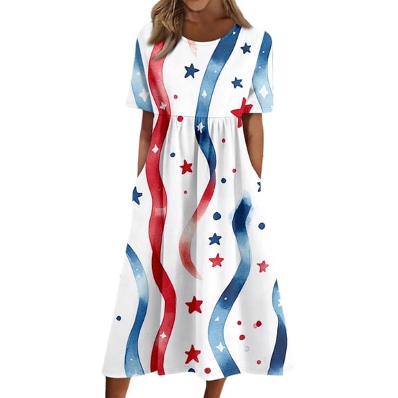 Women's 250th Anniversary Independence Day Round Neck Casual Dress with Pockets Short Sleeve Patriotic Printed Summer Tunic Blue L