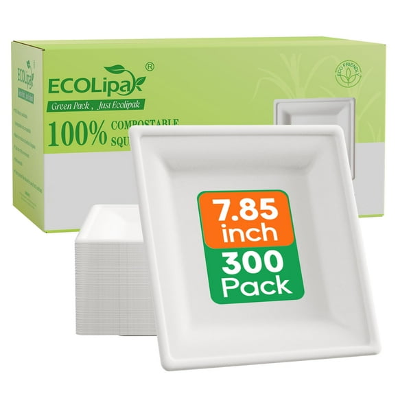 Platos de papel cuadrados compostables EcoliPak de 7.85 pulgadas, 300 unidades