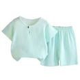 thumbnail image 2 of Conjuntos de blusas y camisas de cuello redondo y manga corta para niños, conjunto de dos piezas de prenda superior y pantalones cortos de manga corta de color liso para niñas, top de poliéster, 2 of 5