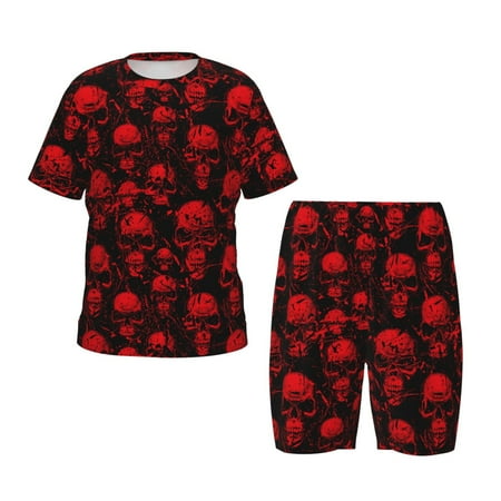 Luyuia Red Skulls Print Girls  2-Piece Tie-Dye Pajama Set  Cute Summer Loungewear with Shirt and Tank Shorts Nightwear-X-Large