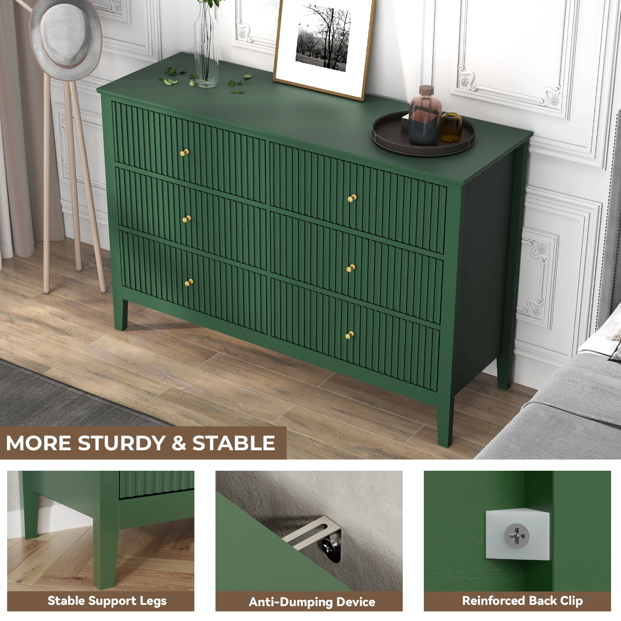 Modern Fluted Chest of Drawers with Storage,6 Drawers Storage Dresser with Paint Design,Wood Drawer Organizer Dressers for Bedroom, Hallway, Entryway,Green