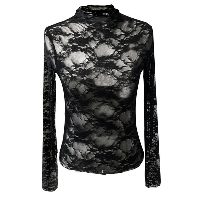 NINGMENG Hauts pour Femmes Couleur Unie en Dentelle à Manches Longues Col Rond Ajusté Transparent T-Shirts Chandail Extérieur, Noir, m