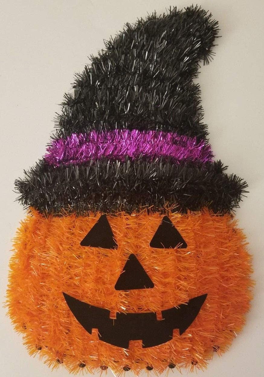 PUMPKIN TINSEL HEAD WITCH WALL PLAQUE 