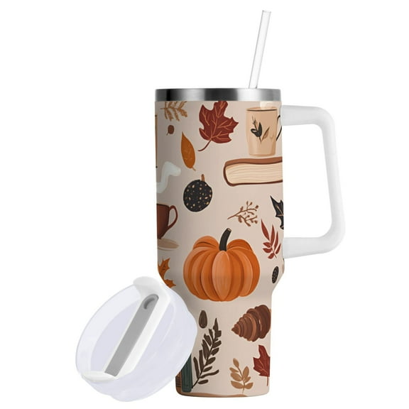 Yayeee 40oz Stainless Steel Tumbler with Straw and Handle Double-Wall Insulated Travel Water Bottle, Fall Acorns Pattern