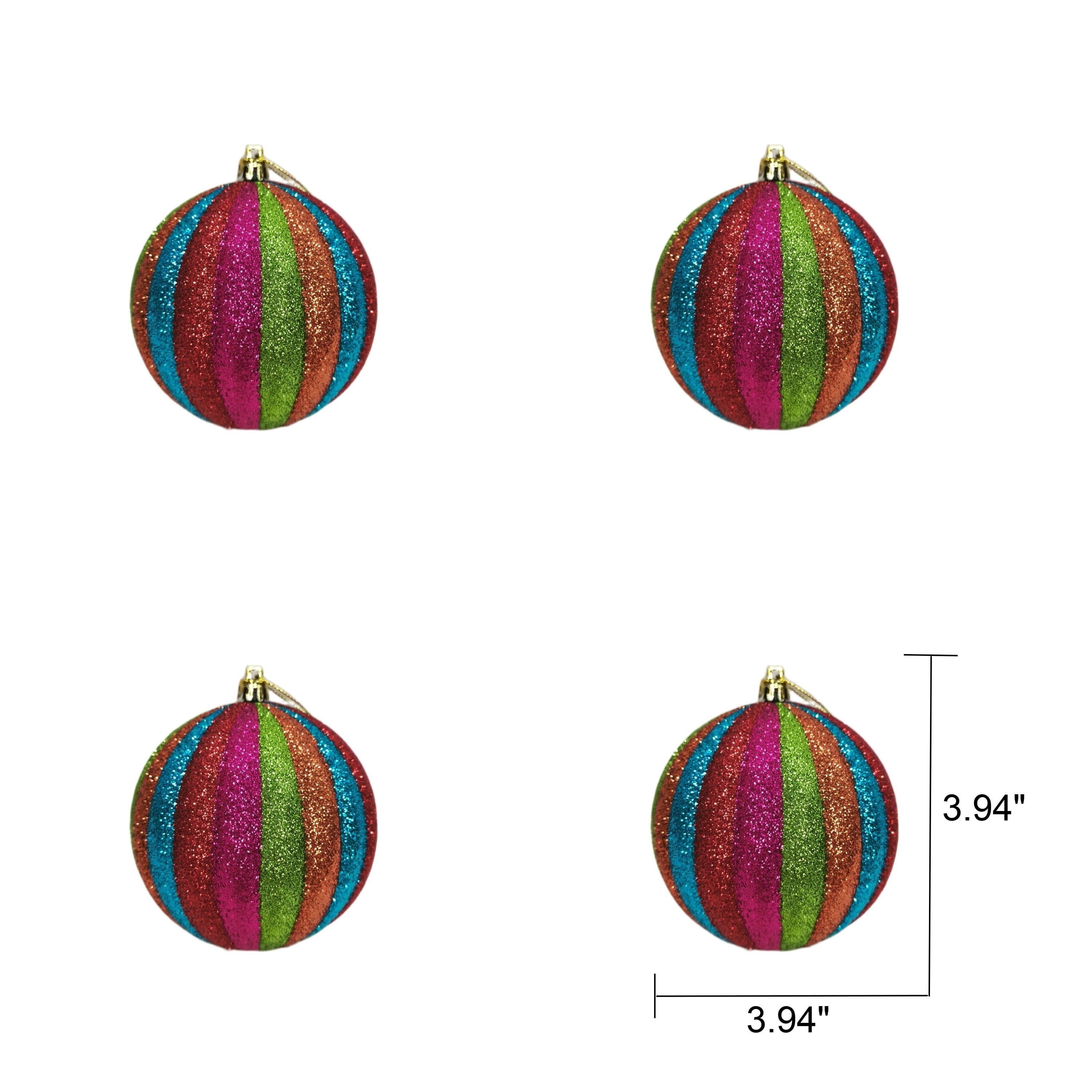 4-Count Multicolor Glitter Stripe Ball Christmas Ornaments, 3.9", by Holiday Time