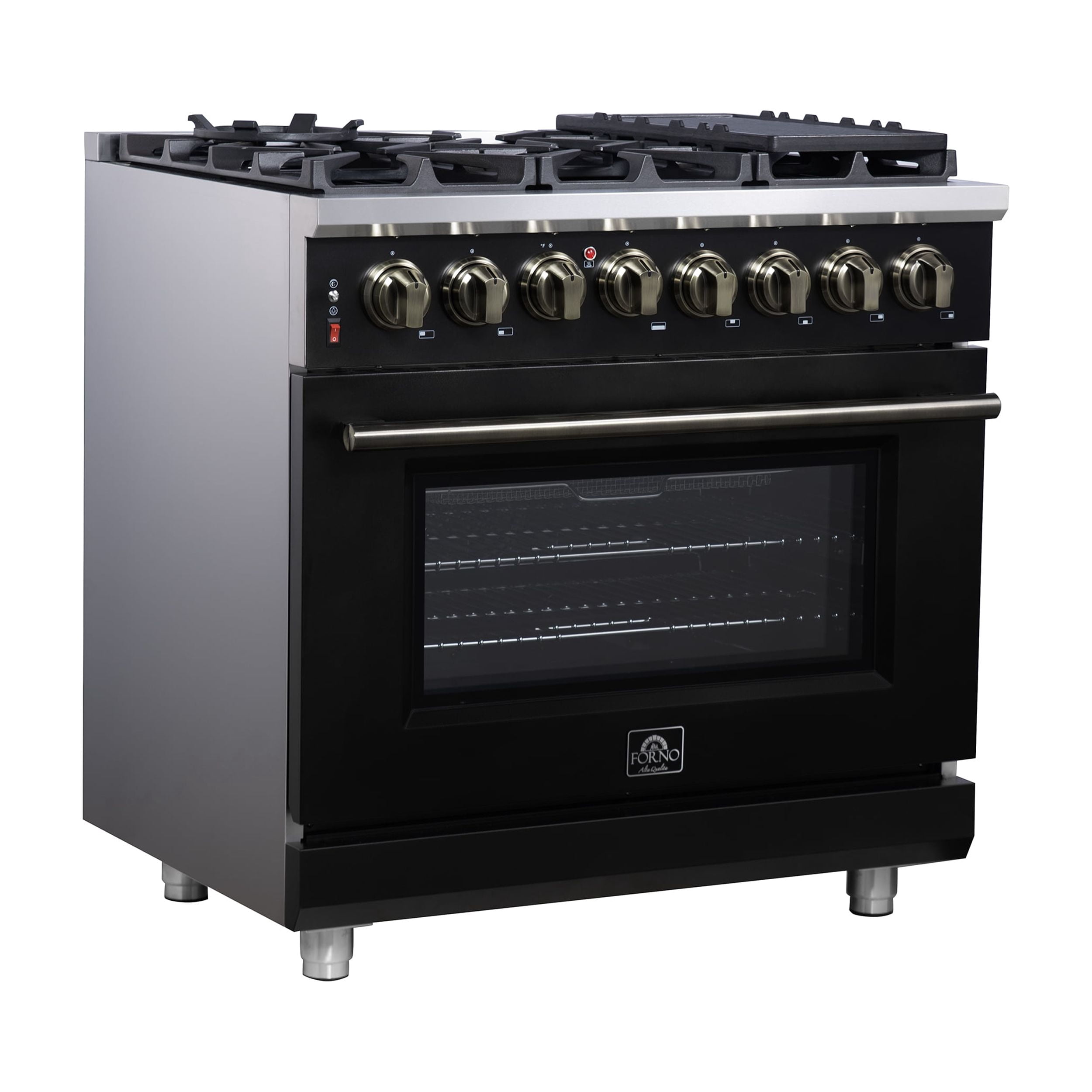 Forno Massimo 36 Inch Freestanding Dual Fuel Range in Black with Antique Brass Accessories, 6 Burners, 5.36 cu. ft. Convection Oven