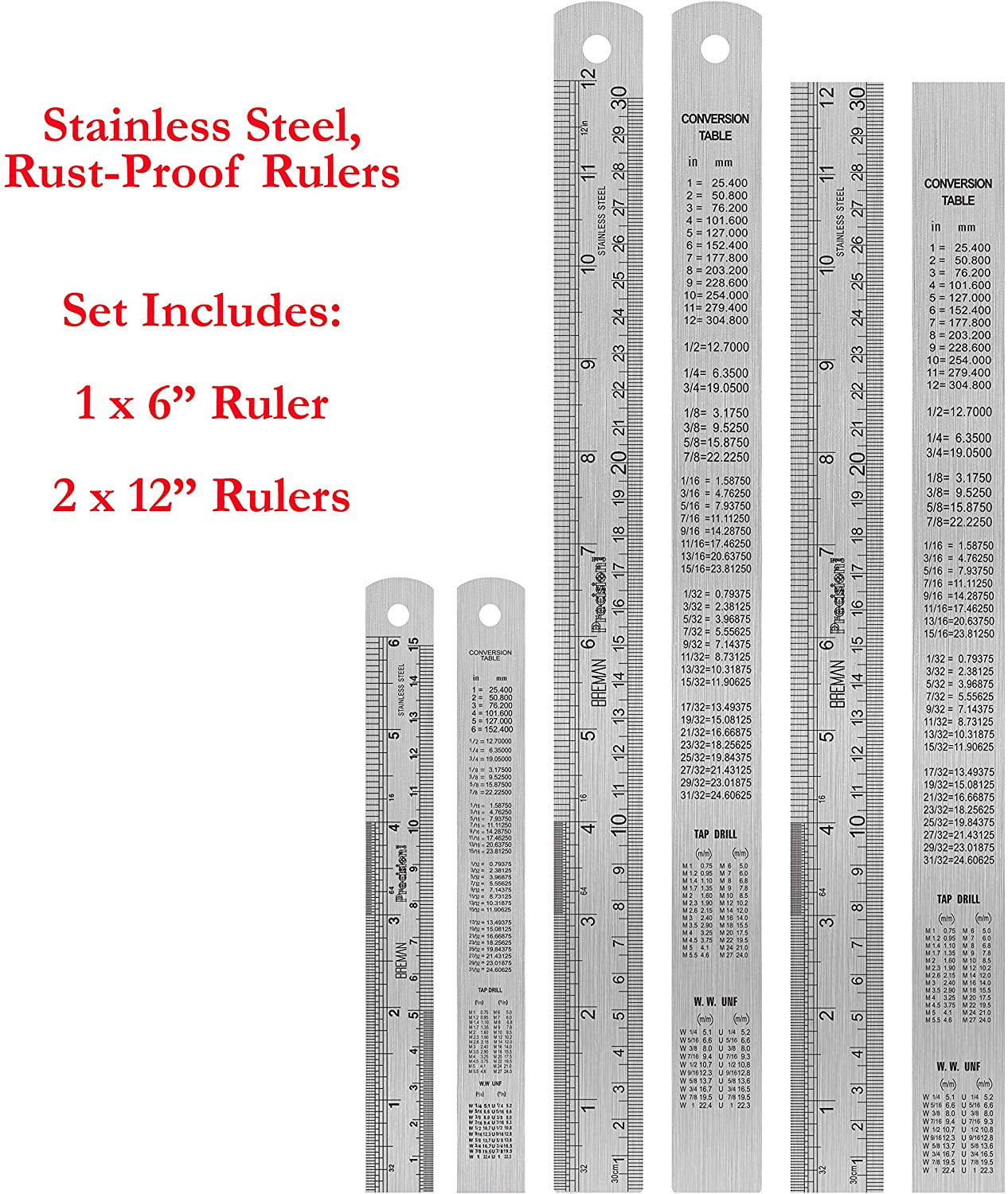 Breman Precision 3 Pc Metal Ruler Set 6 Inch Ruler And 2 Pc 12 Inch Stainless Steel Straight Edge Metal Rulers With Inch And Metric Graduation Conversion Table For School Breman Precision 3 Pc Metal Ruler Set 6 Inch Ruler And 2 Pc 12 Inch Stainless Steel Straight Edge Metal Rulers With Inch And Metric Graduation Conversion Table For School