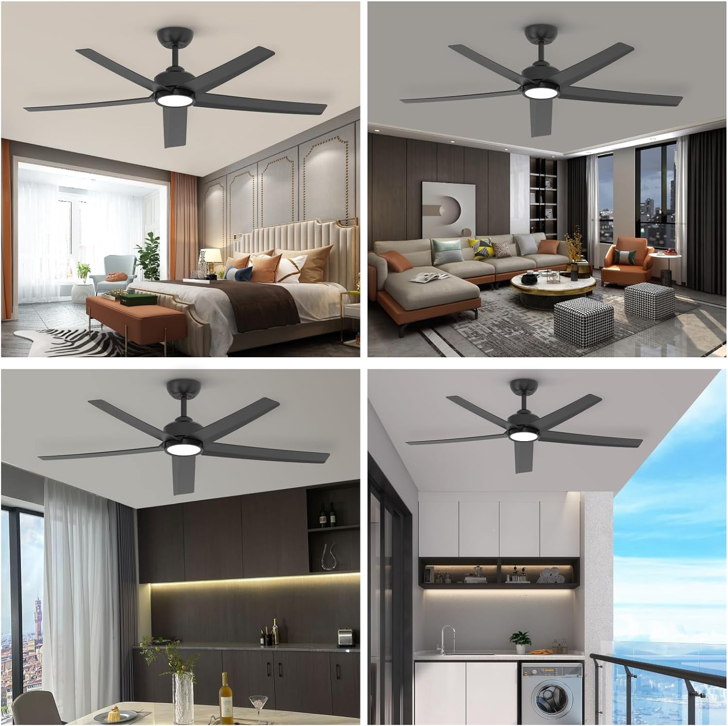52 Inch Black 5-Blade Modern Ceiling Fan, 3CCT Dimmable LED Light, Reversible DC Motor, Wireless Remote & 2/4/8H Timer for Living Room Bedroom Kitchen