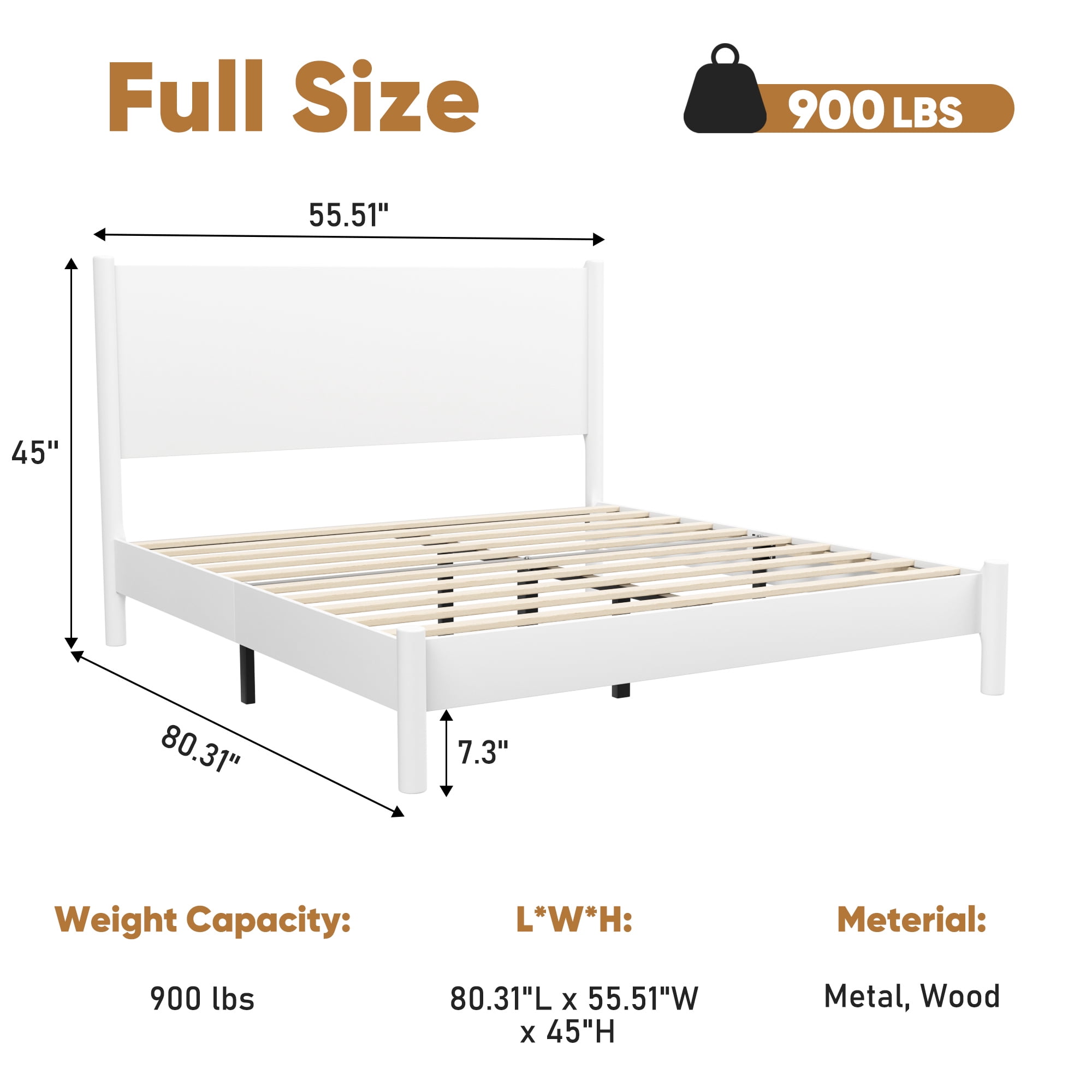 Frostbloom Full Size Solid Wood Platform Bed Frame, with 7.3'' Under-bed Storage, White
